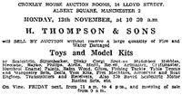 H. Thompson auction advert for Fire and Water damaged toy stock